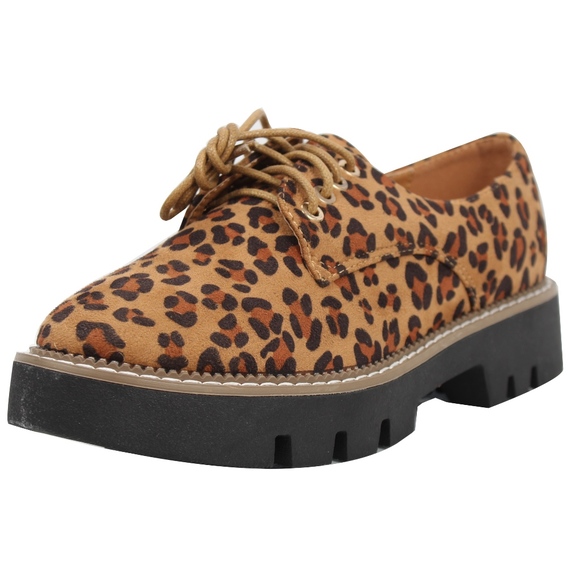 Shoes - Tan Leopard Lace Up Oxford Loafer Shoes